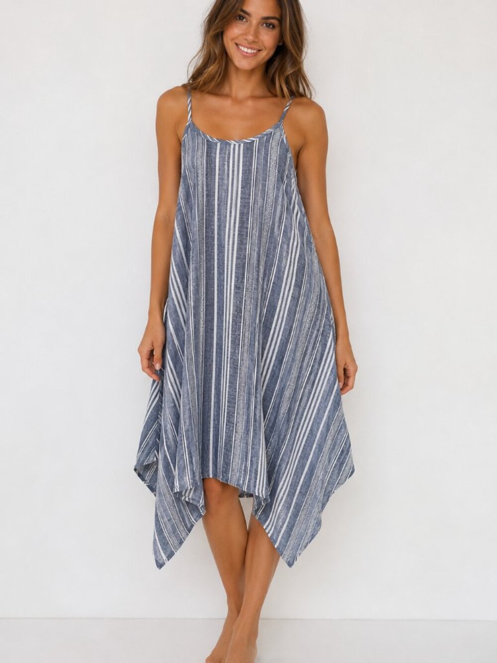 Time and Tru Blue White Striped Linen Blend Handkerchief Hem Swing Dress